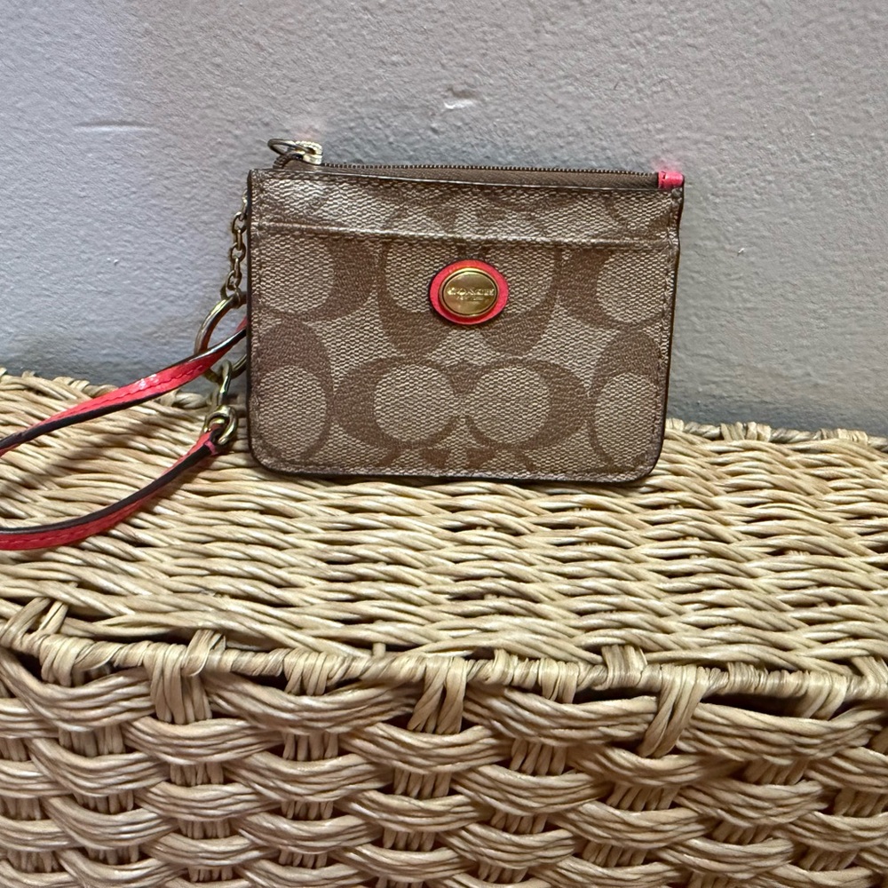 Coach Signature Brown Wristlet with Red Trim